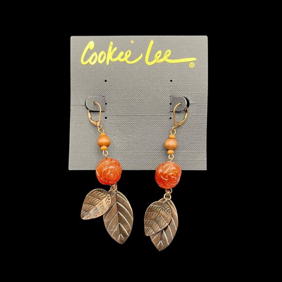 Cookie Lee Earrings Copper Tone Carved Orange Rose‎ Bead Metal Leaf Wooden Bead - Picture 1 of 7